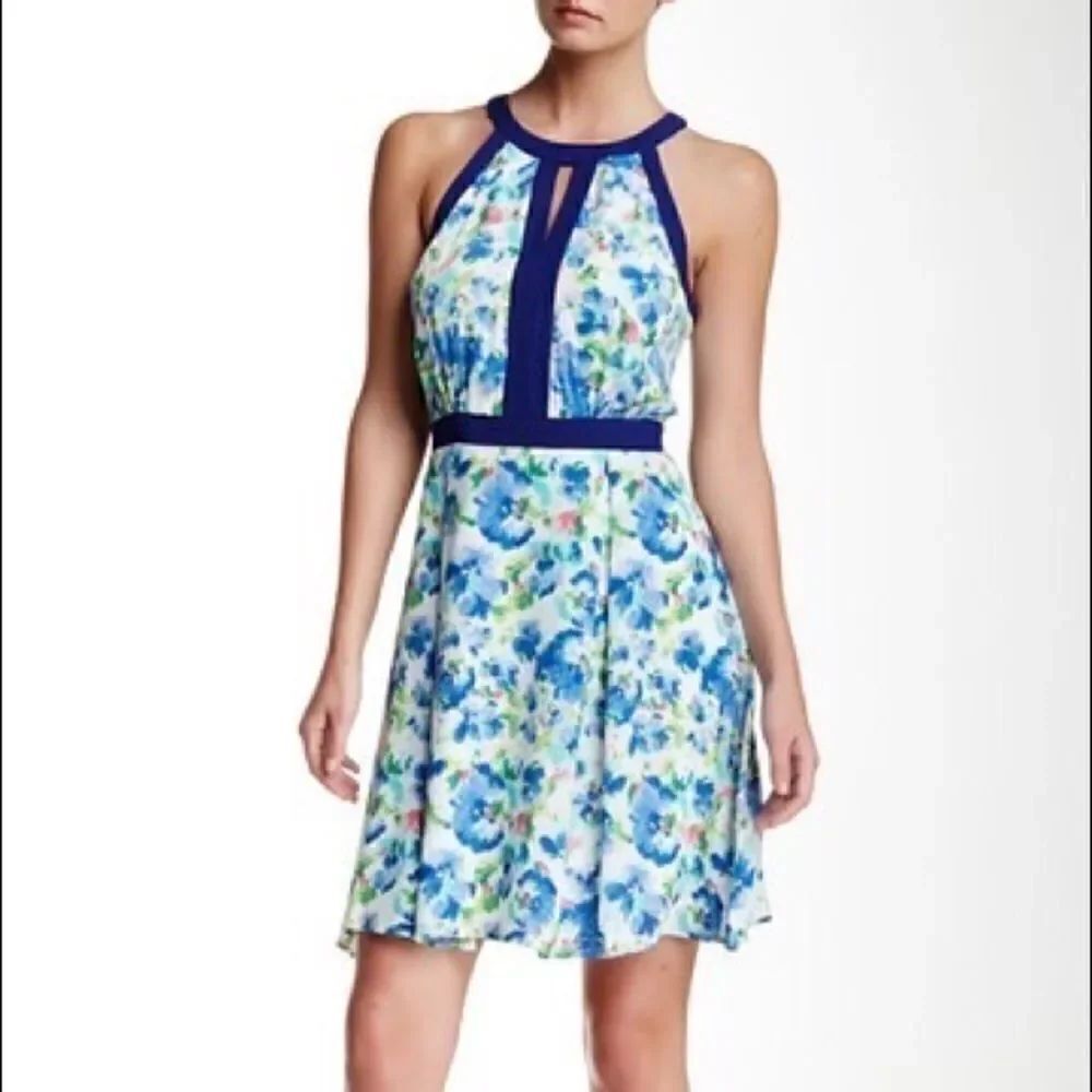 Adelyn Rae Blue Watercolor Floral Cutout Trim A Line Halter Fit  Flare Dress